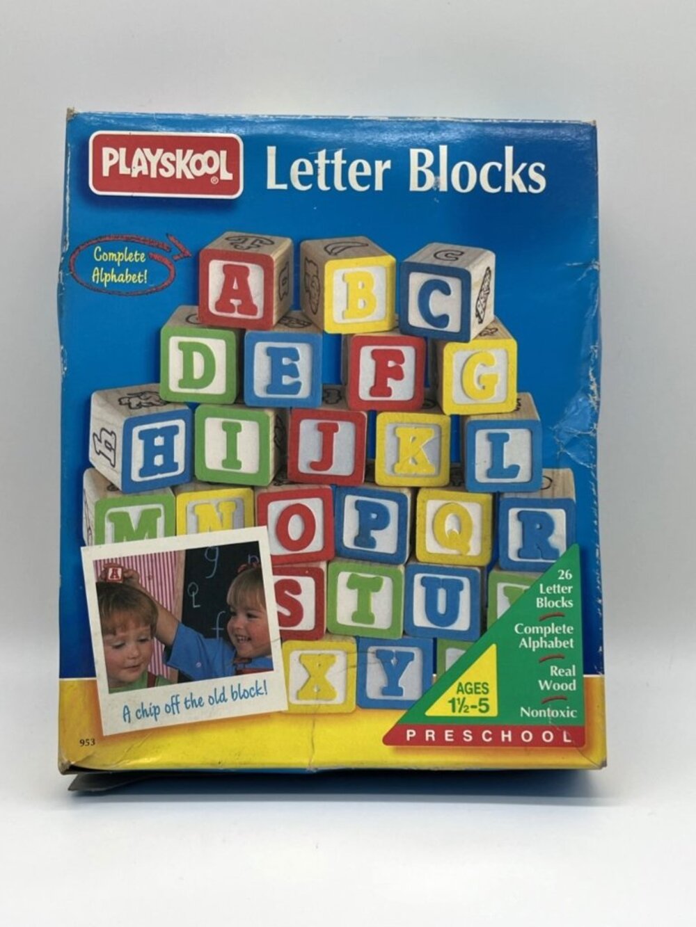 1994 VTG Playskool Wood Letter Blocks 26 Count Box ABCs Letters Pictures 90s Toy